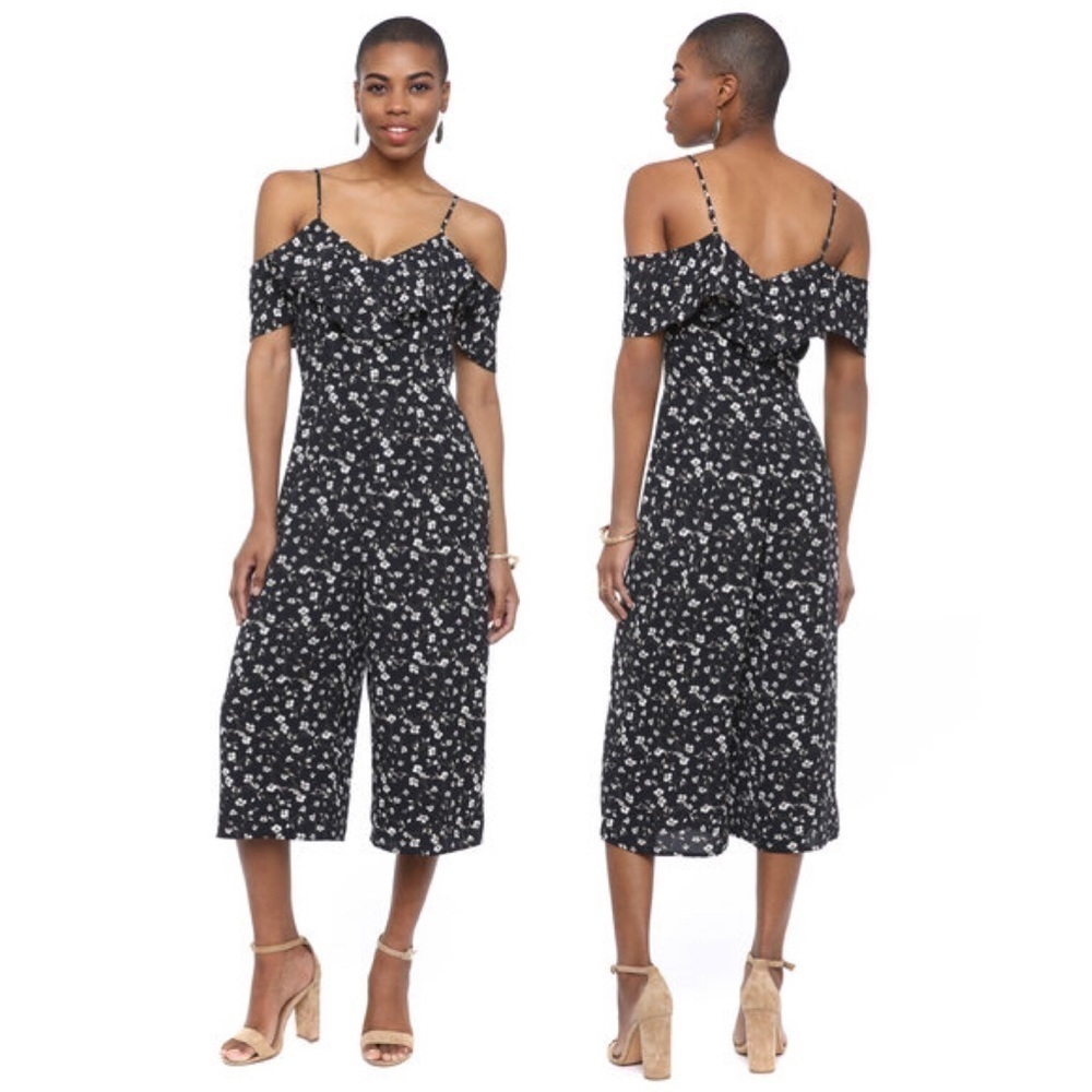 JOA Floral Ruffle Cold Shoulder Jumpsuit